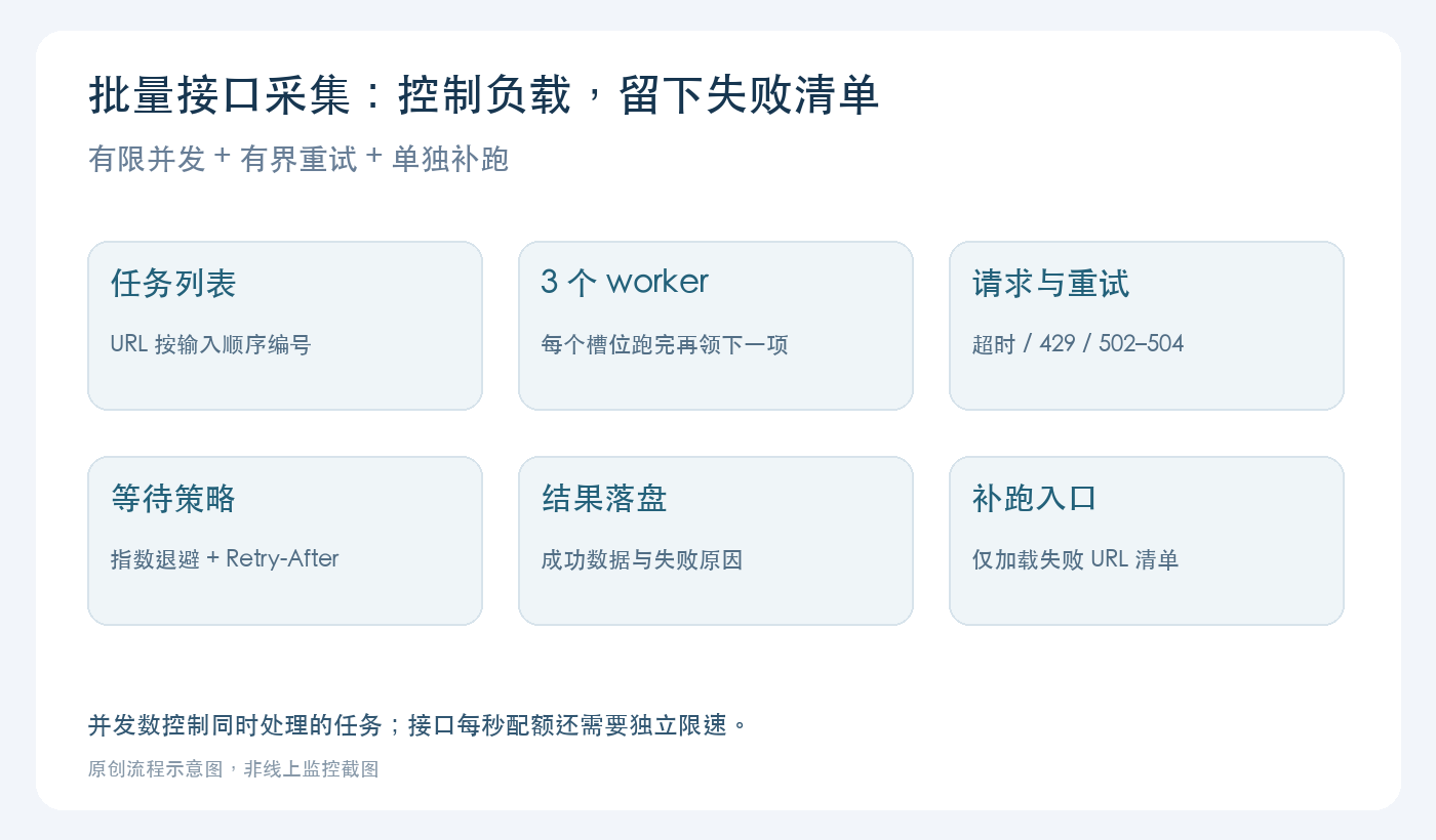 Node.js 实战：批量接口采集的并发控制、重试和失败补跑